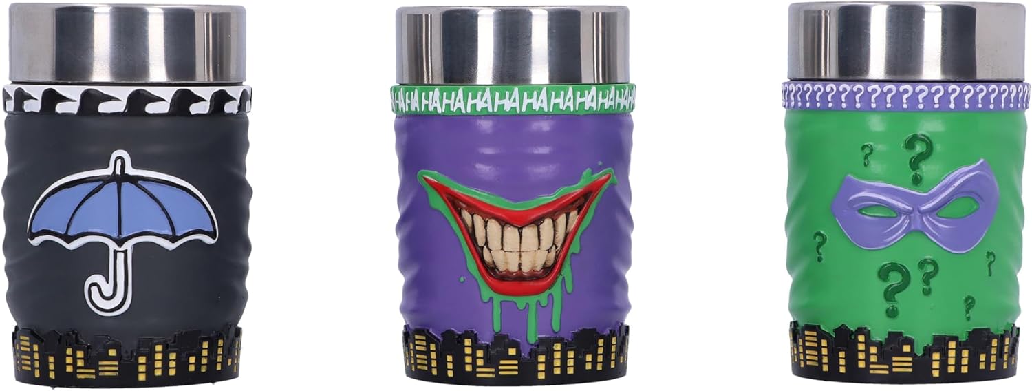 Nemesis Now DC Batman Supervillain Collectible Mini Cup Set 8.5cm, Resin, Official DC Merchandise, Set of 3 DC Shot Glass Cups, Cast in The Finest Resin, Expertly Hand-Painted, Black, Purple, Green