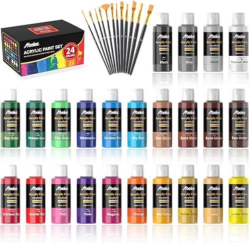 ABEIER Juego de pintura acrílica, 24 colores (2.0 fl oz2 onzas) con 12 pinceles de pintura, no tóxico, impermeable, fuerte cobertura para niños, disponible en Yaxa Colombia