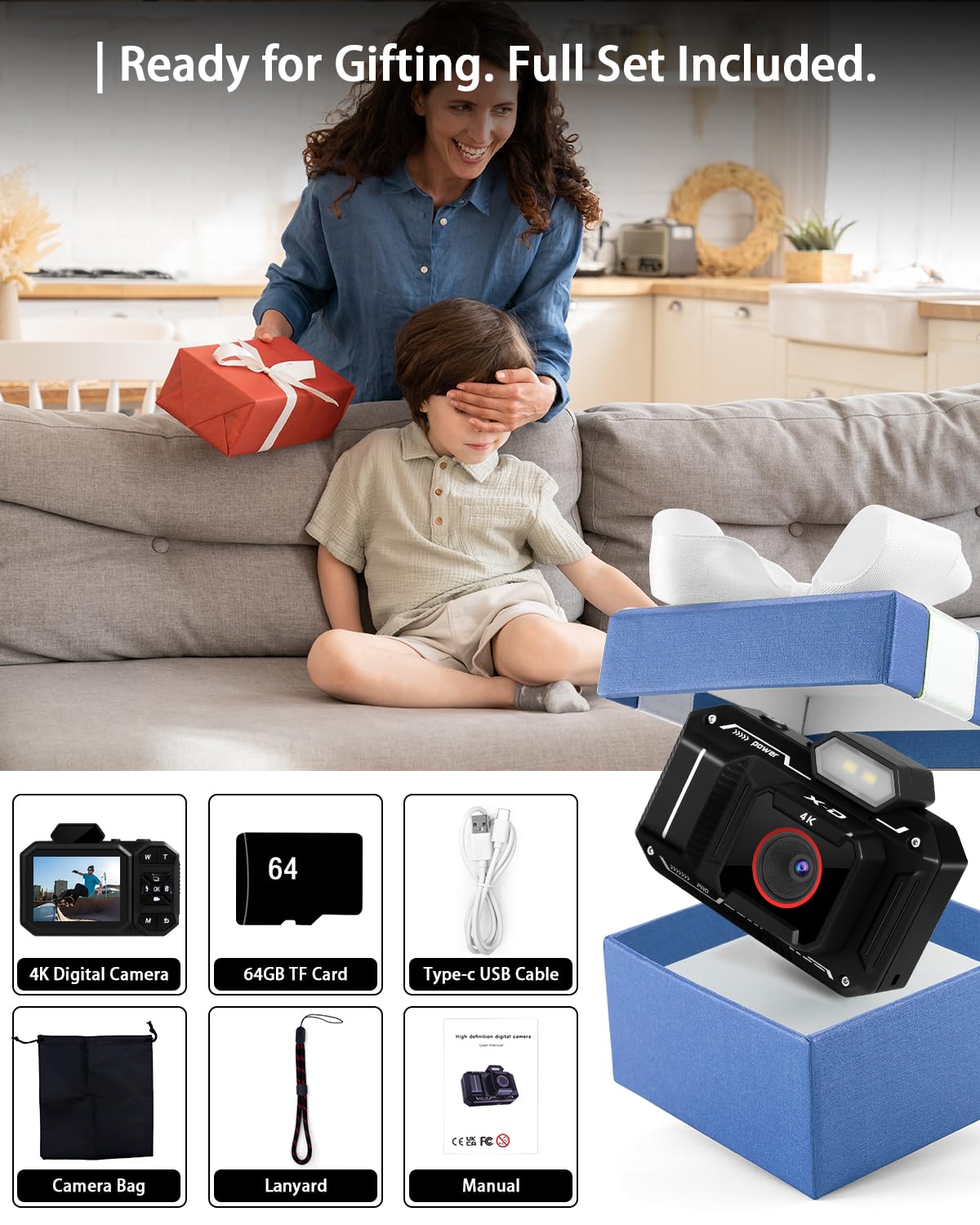 Macchina Fotografica Digitale, Bextgoo Fotocamera 4K per Vlog con Scheda da 64GB, Fotocamera con Autofocus da 48MP, Zoom 12X, Flash e Anti-Shake, Fotocamera Digitale Compatta per Adulti e Adolescenti