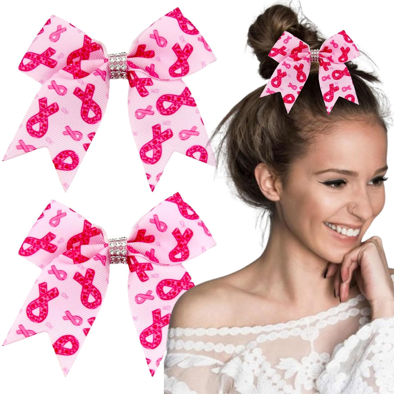 Breast Cancer Awareness Hair Bows Clips,2 PCS Pink Ribbon Alligator Clips for Women Girls Cute Pink Hair Accessories Gifts for Support, Survivors, Family, Friends
