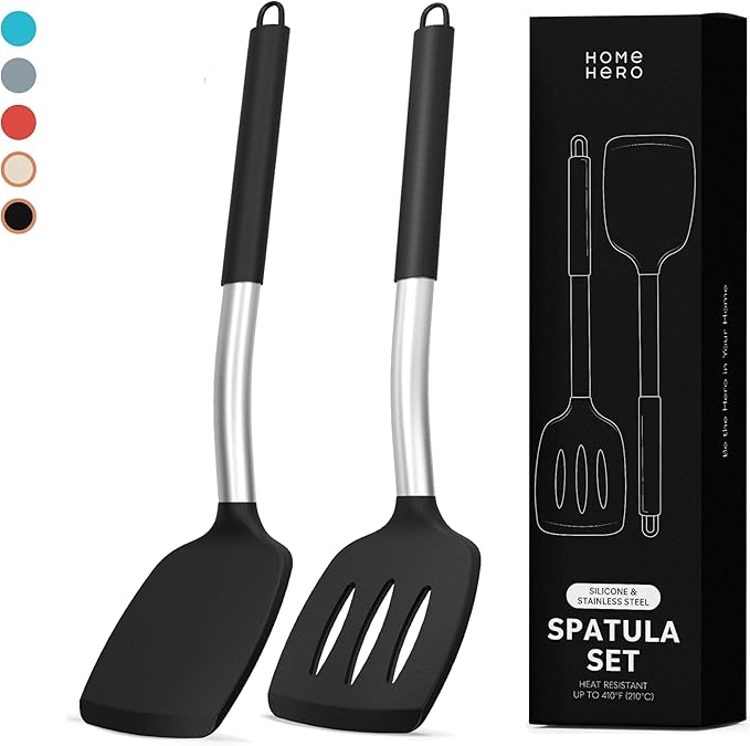 Home Hero Silicone Spatula Set with Ergonomic Handles - Stainless Steel High Heat Resistant Solid & Slotted Turner, BPA Free Non Stick Kitchen Utensils Set - Rubber Spatula for Eggs (Black)