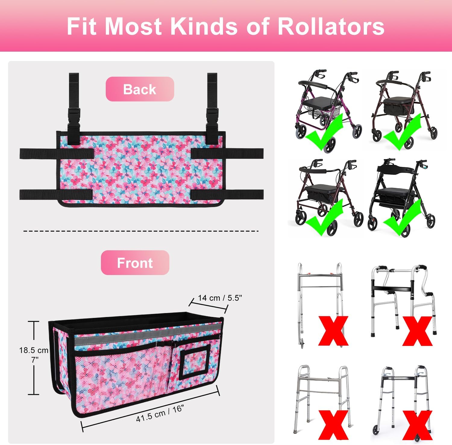 supregear Rollator Basket, Rollator Walker Bag w/Cup Holder, Foldable Rolling Walker Waterproof Storage Pouch with Big Capacity and Never Tipping Over, Easy to Use Accessories for Seniors image 2