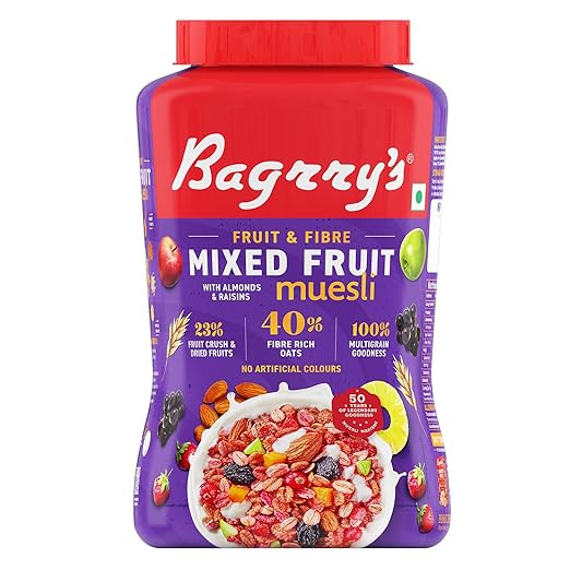 Bagrry's Fruit & Fibre Mixed Fruit Muesli 1kg Jar| 40% Fibre Rich Oats with Bran| 23% Fruits Crush & Dried Fuits with Almonds & Raisins | Protein Rich Breakfast Cereal | Multi Grain Crunchy Muesli