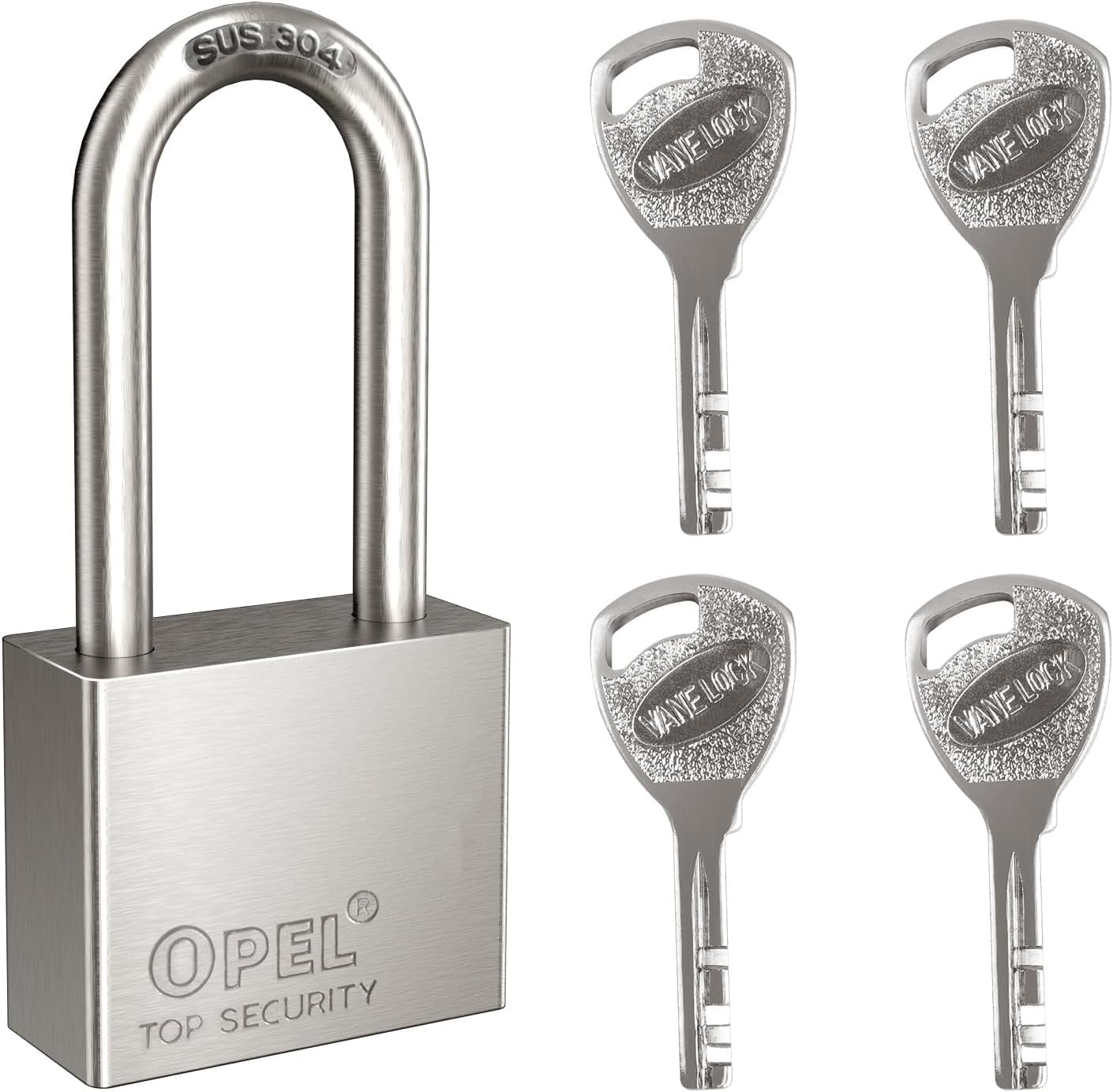 Padlock with 4 Keys, 100% Waterproof 304 Stainless Steel Long Shackle Heavy Duty Lock for Garden Shed, Garage, Fence, Storage Units, Outdoor/Indoor Use (30mm)