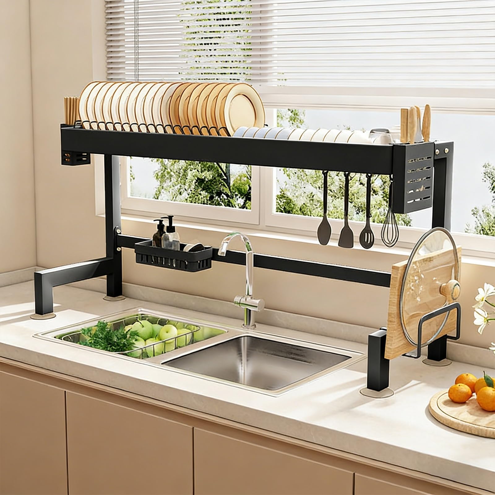 Escurridor de platos sobre fregadero, acero al carbono de 2 niveles con soporte extraíble para cubiertos, diseño que ahorra espacio para platos, vasos y cubiertos