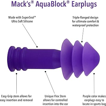 Mack's AquaBlock Swimming Earplugs, 1 Pair - Comfortable, Waterproof, Reusable Silicone Ear Plugs for Swimming, Snorkeling, Showering, Surfing and Bathing (Purple)