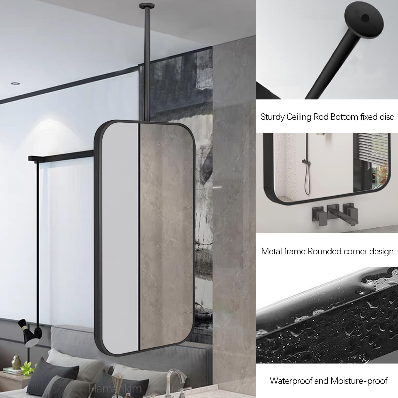 Naścienne lusterko do makijażu LED z metalową ramą i drążkiem do zawieszania na suficie - nowoczesny pływający design do sypialni salonu szatni toaletki i stacji do makijażu