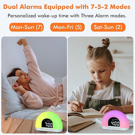Sunrise Alarm Clock, Small Digital Bedside Kids Wake Up Light, Dual Alarms