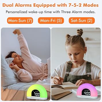 Sunrise Alarm Clock, Small Digital Bedside Kids Wake Up Light, Dual Alarms