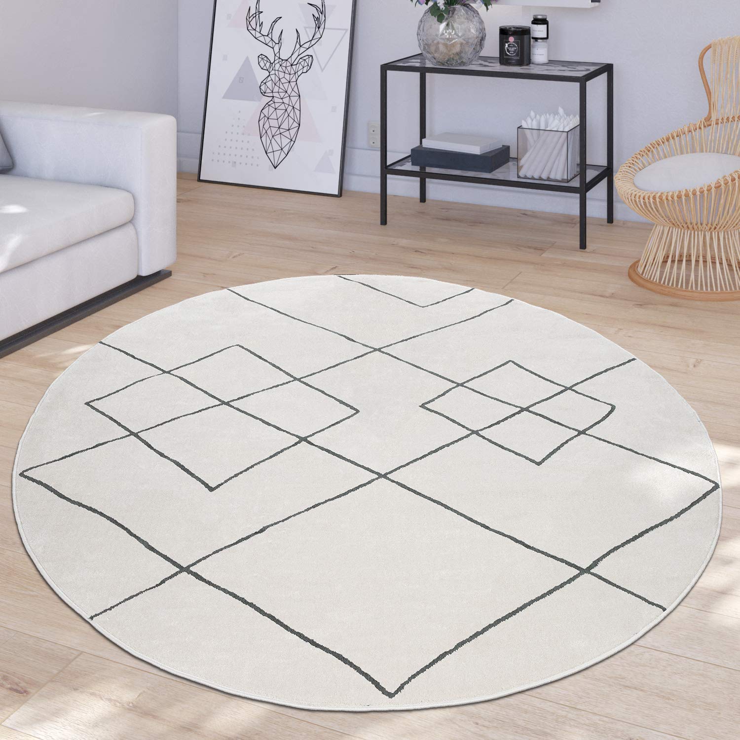 TT Home Tapis Salon Moderne Design Losanges Scandinave Poils Ras Résistant, Blanc, Dimension:Ø 200 cm Rond