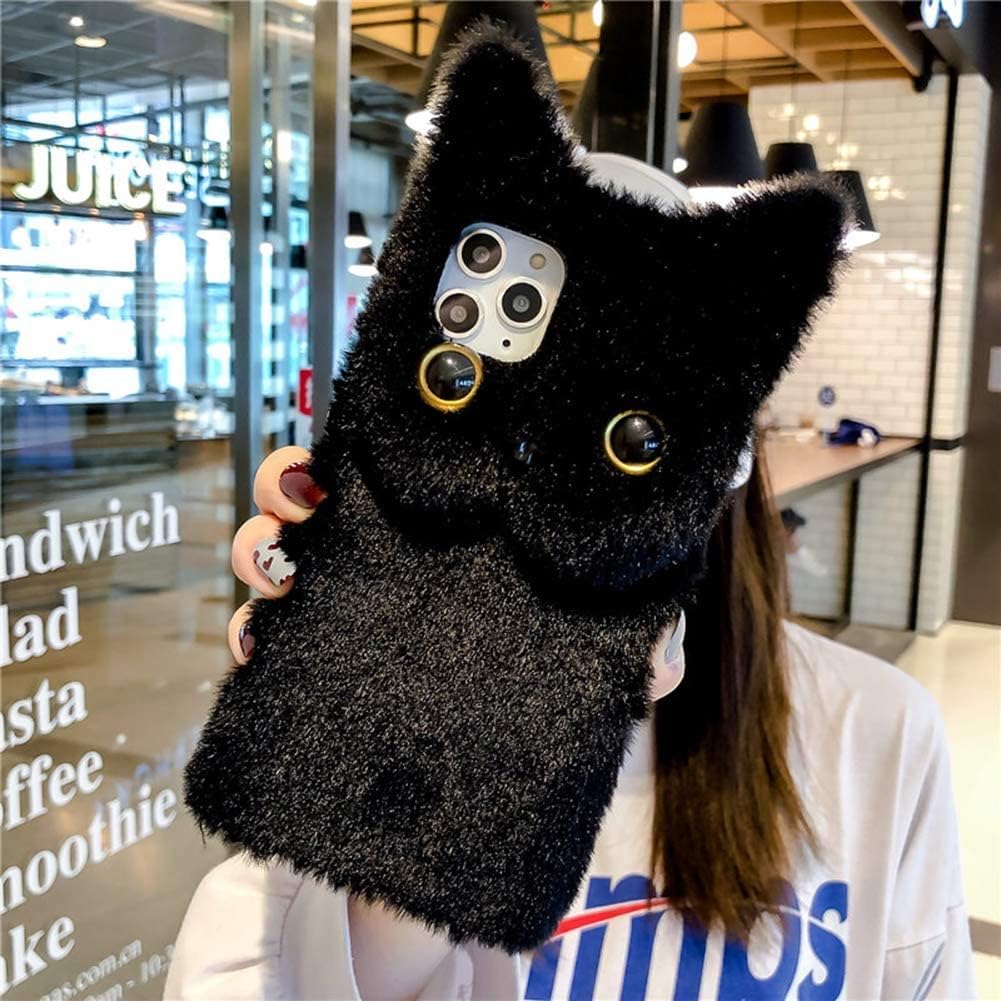 Furry Case for iPhone 13 Cute Cat Black Fur Fluffy Soft Warm Plush Fuzzy with Bling Glitter Protective Case for Women Girls