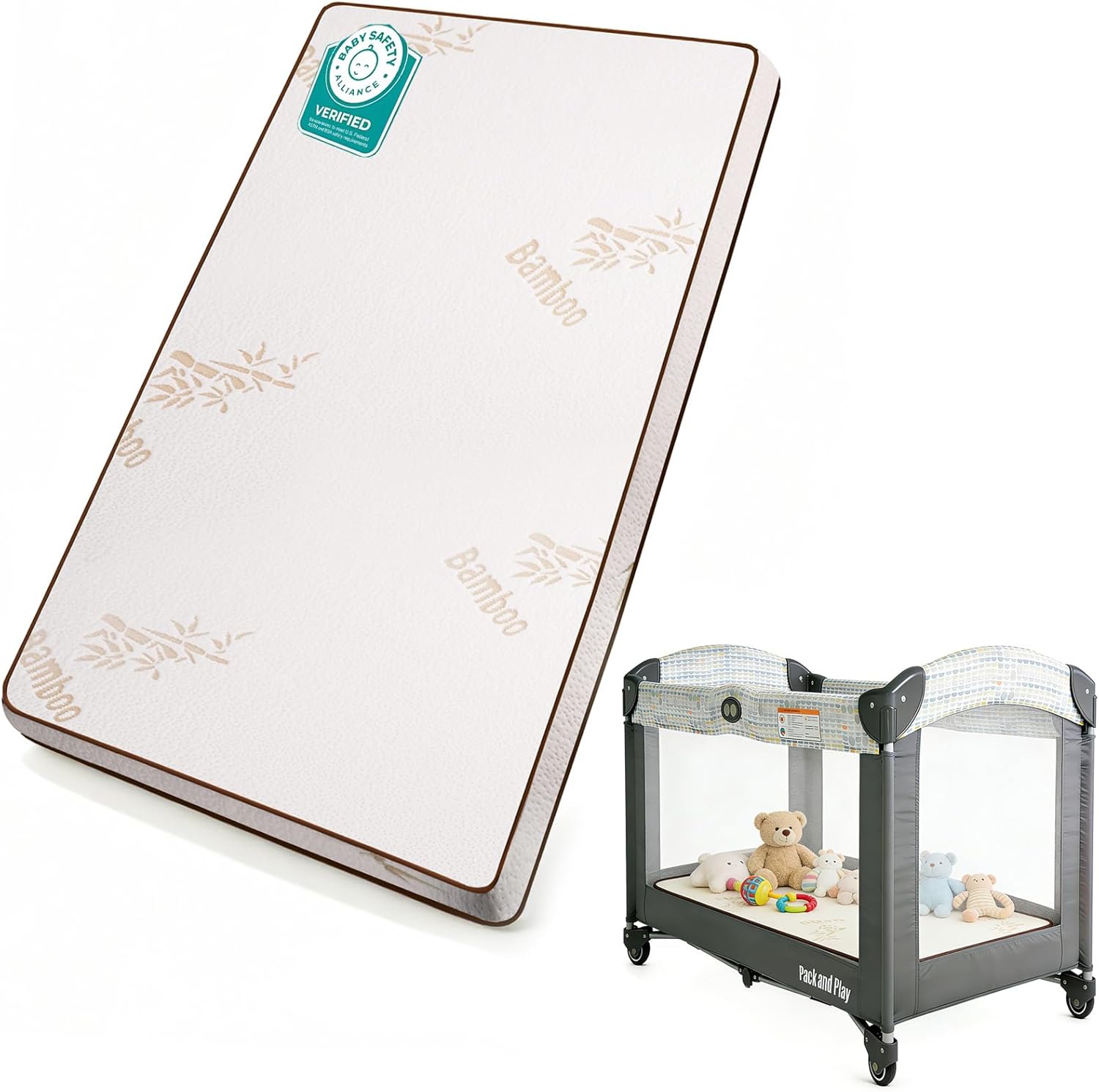 Pack and Play Mattress 38"x26" Playard Baby Pad for Pack n Play, No Gap Safer 3D Piped Edge, 1.5" Thick Medium Firm, Breathable Waterproof Washable Cooling Bamboo Cover, Beige