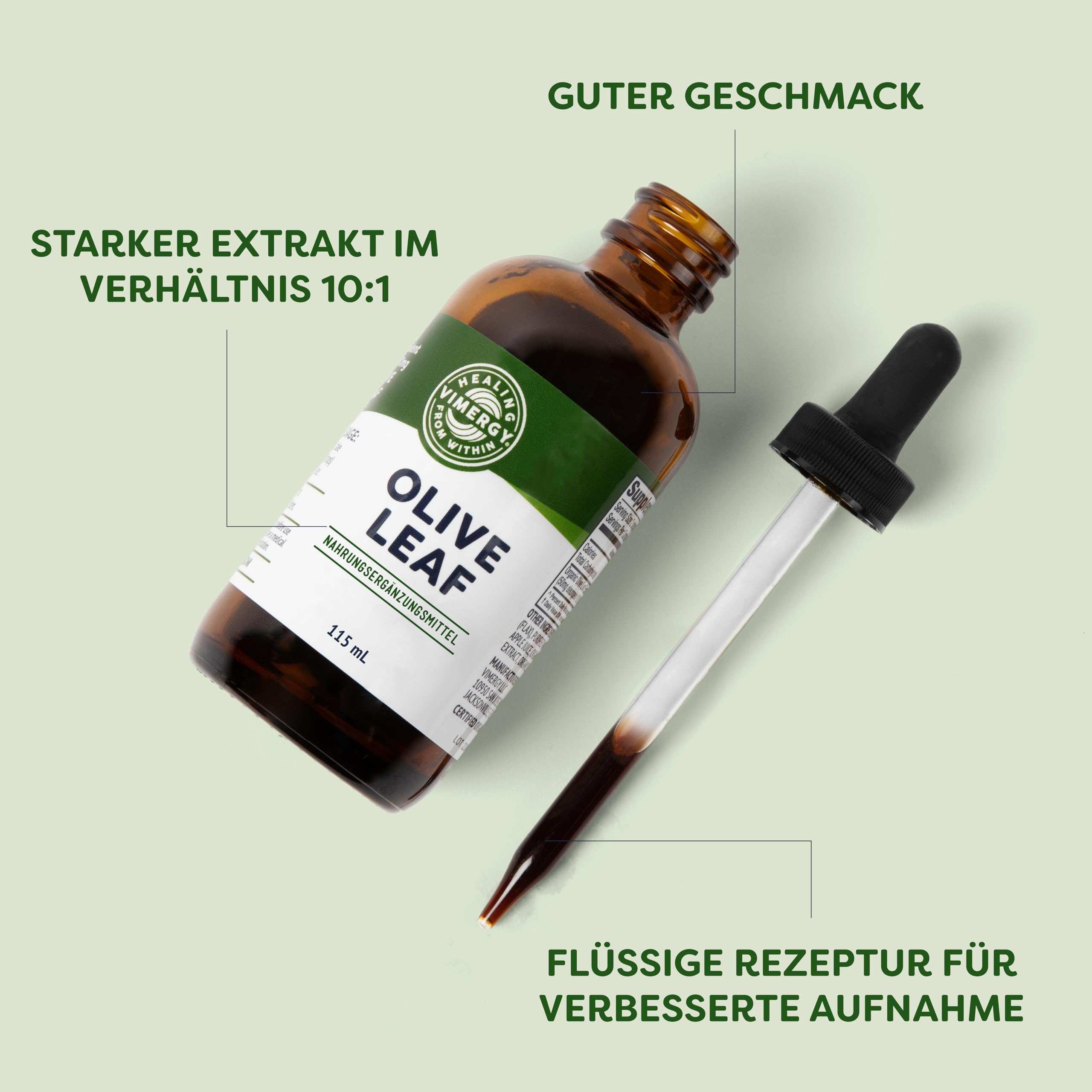 Vimergy Olivenblatt, 57 Einnahmen – Olivenblattextrakt Flüssig – Olivenblattextrakt – Vegane Nahrungsergänzung -– Ohne Zucker oder Bindemittel – Gentechnik- und Glutenfrei (115 ml)