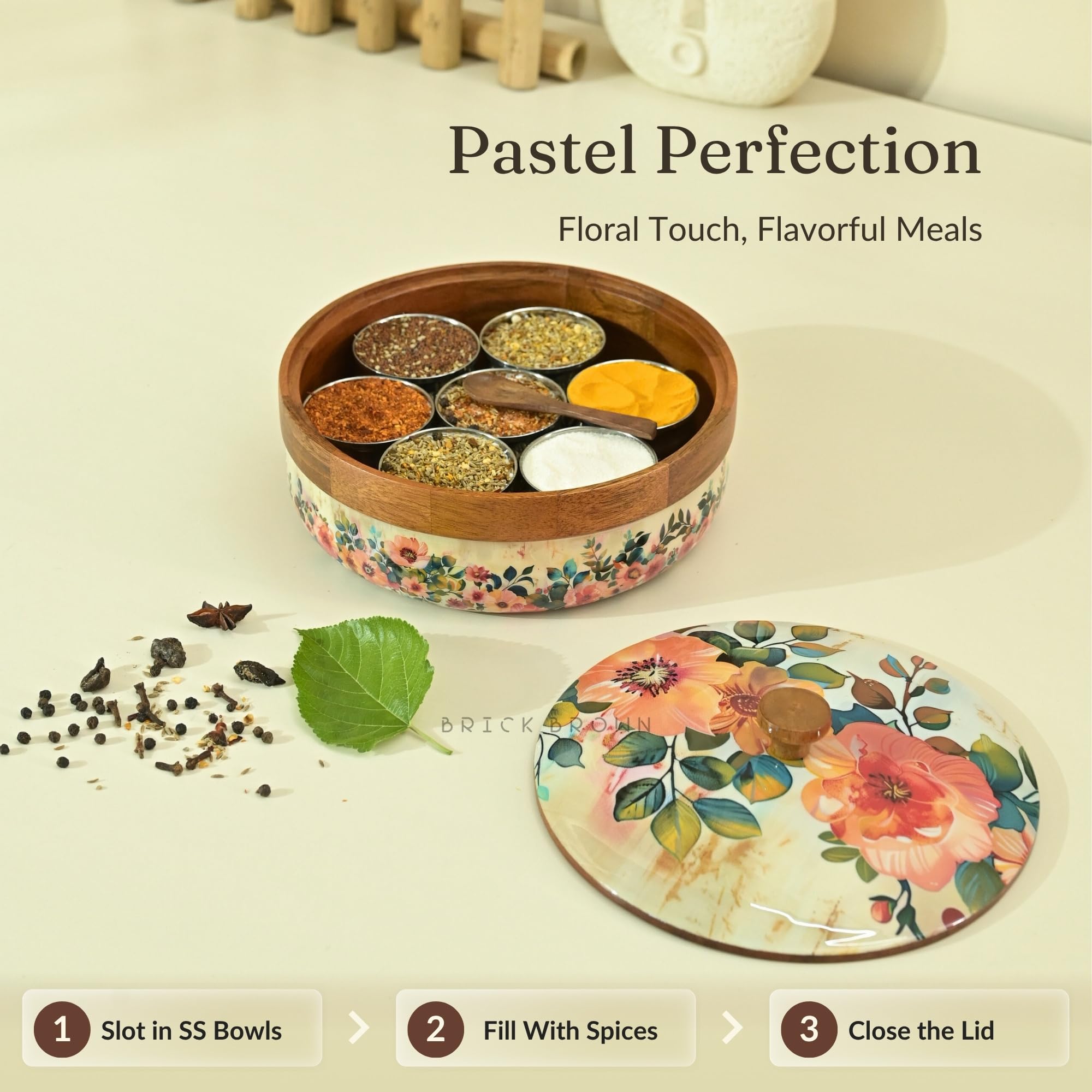 Brick Brown ® Wooden Pastel Flora Enamel Coated Masala Box for Kitchen | Spice Box | Spice Jars | Spice Rack & Masala Dani Organizer Storage Box with 7 Containers and 1 wooden spoon (8.3x4.2 inch)