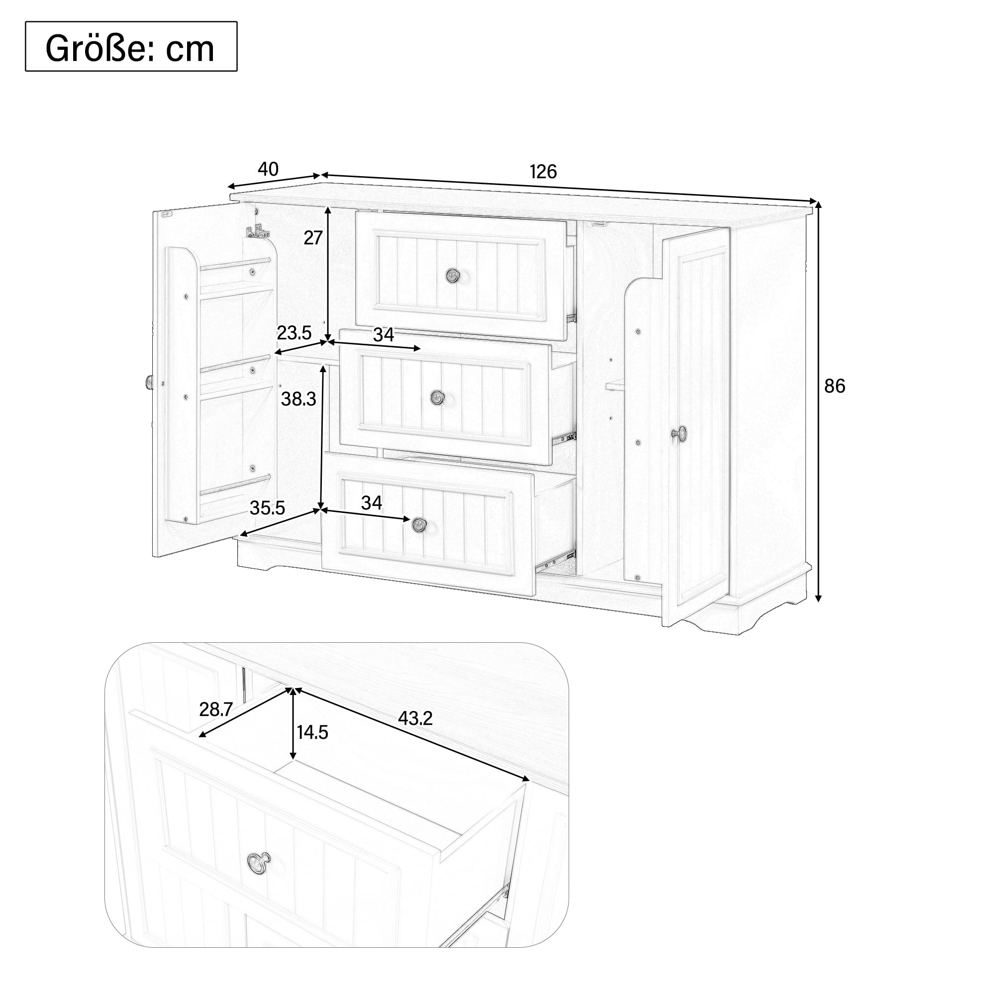 Aparador buffet con 3 cajones y puertas de frigorífico, versátil para salón, comedor y vestíbulo, color gris
