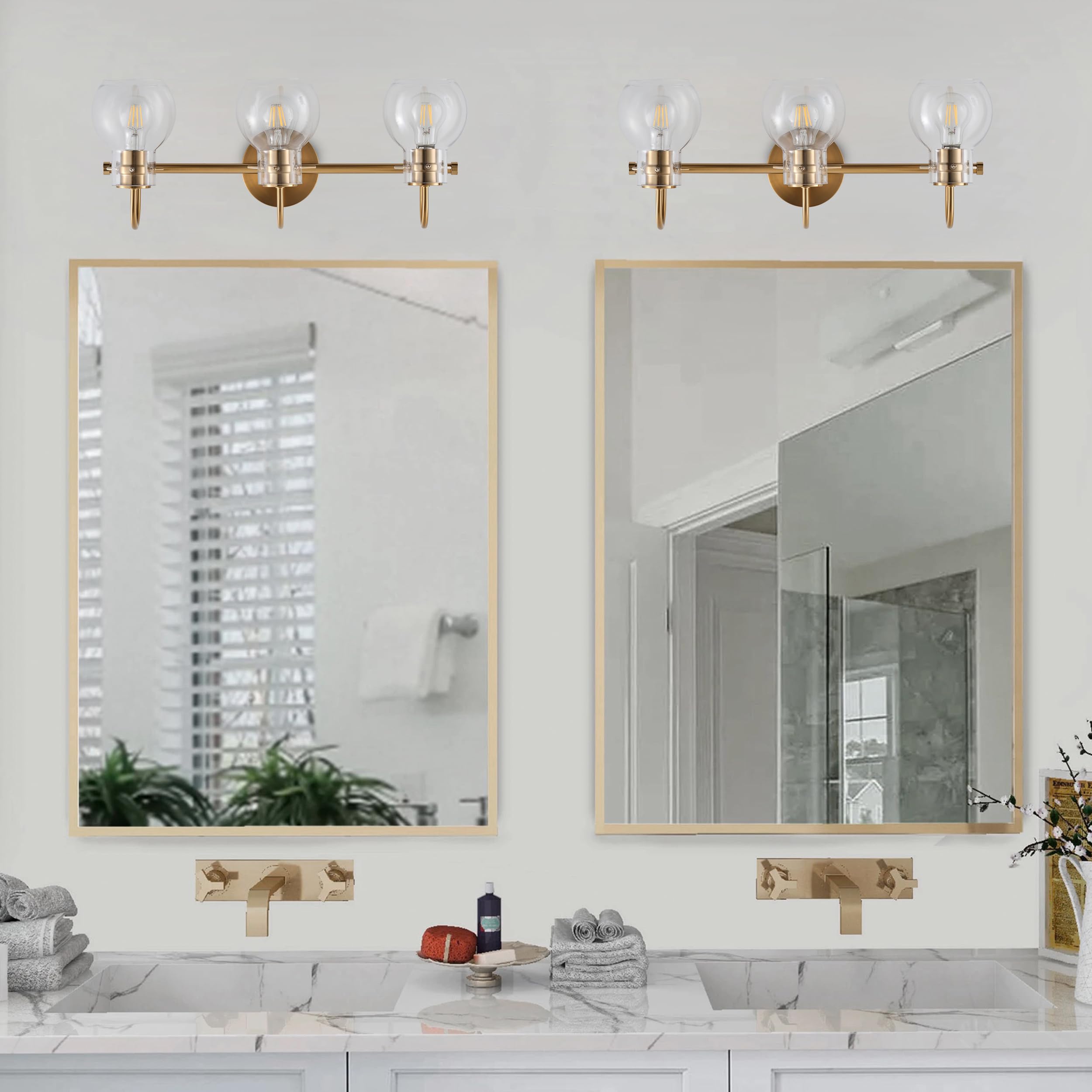 Lampada da Tavolo Moderna a 3 luci per Il Bagno, luci da Tavolo con Finitura Dorata e paralumi in Vetro Trasparente, Illuminazione da Tavolo Vintage sopra Lo Specchio per Il trucc