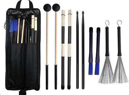 Drumstick Bag with Floor Tom Hooks Includ 5 Pairs Drum Sticks Mallets Brushes Set Percussion Instrument Accessories for Kids Adults Drummer Practice Black