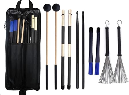 Drumstick Bag with Floor Tom Hooks Includ 5 Pairs Drum Sticks Mallets Brushes Set Percussion Instrument Accessories for Kids Adults Drummer Practice Black