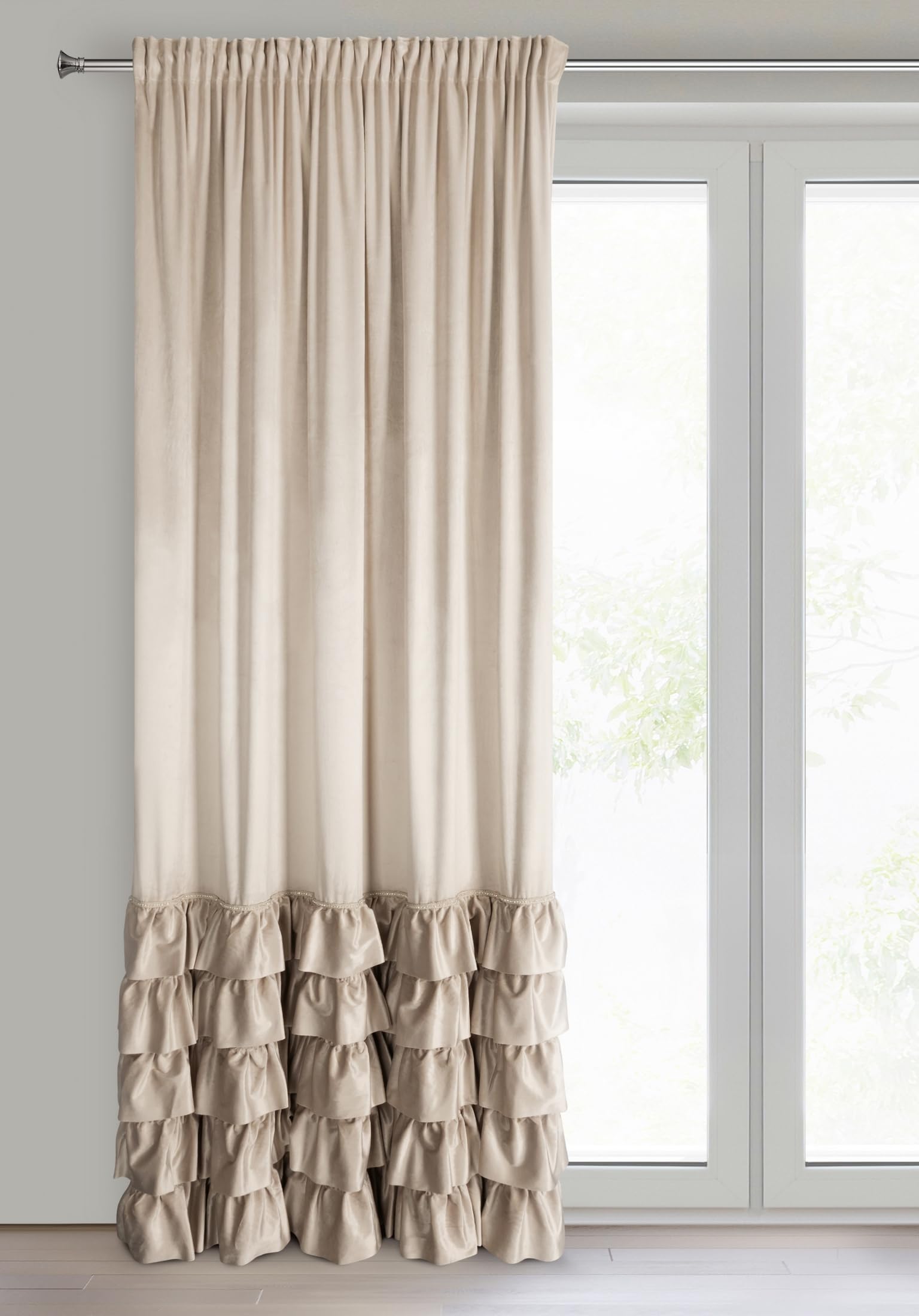 Eurofirany Carli Velvet Curtain with Ruffle Tape, 1 Piece, Opaque Blackout Curtain for Living Room, Bedroom, 140 x 270 cm, Beige