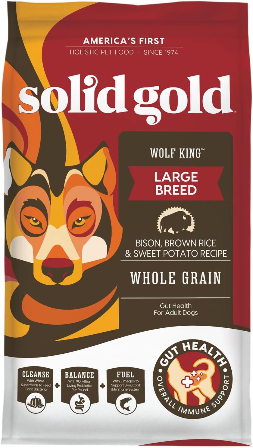 Solid Gold Wolf King Large Breed Dog Food - Whole Grain Dry Dog Food Kibble Made with Real Bison, Brown Rice & Sweet Potato - Omega 3, Superfood & Digestive Probiotics - 12 LB Bag