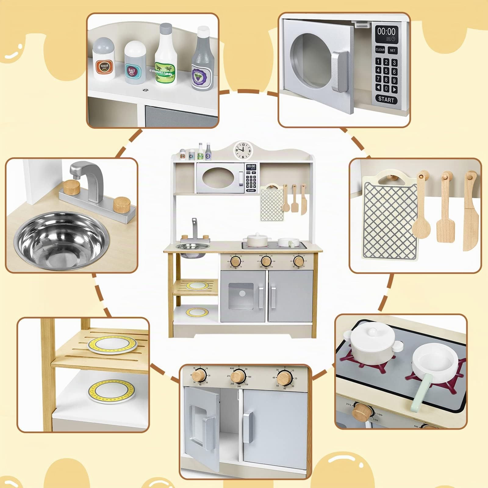 HENGMEI Set di giocattoli da cucina per bambini, in legno, con accessori in legno, per microonde, lavandino, set da cucina per bambini, 65 x 24 x 85 cm, tipo A