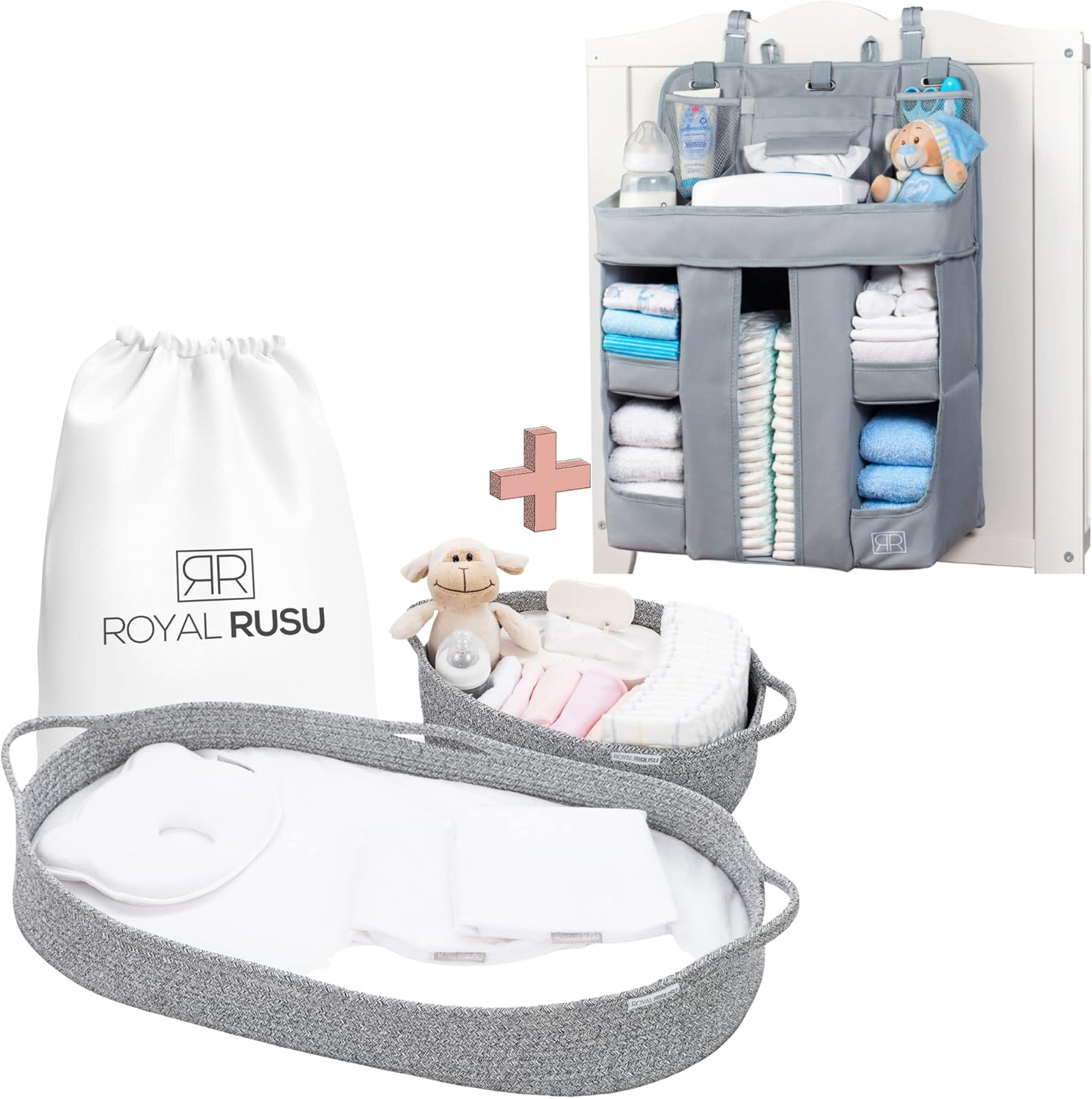 ROYAL RUSU Baby Essentials Bundle – Hanging Diaper Organizer & Baby Changing Basket – Stylish Nursery Storage & Changing Station – Soft, Portable, Gender-Neutral – Perfect Baby Shower Gift
