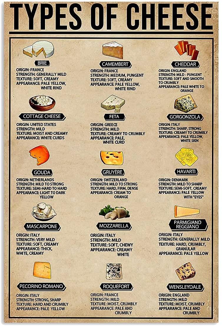 Huand Wall Decor Aluminum Metal Knowledge Signs Types of Cheese Knowledge Vintage Wall Decor Retro Art Tin Sign Funny decors for Home Bar Cafe Farm Room Metal Poster 8x12 inch