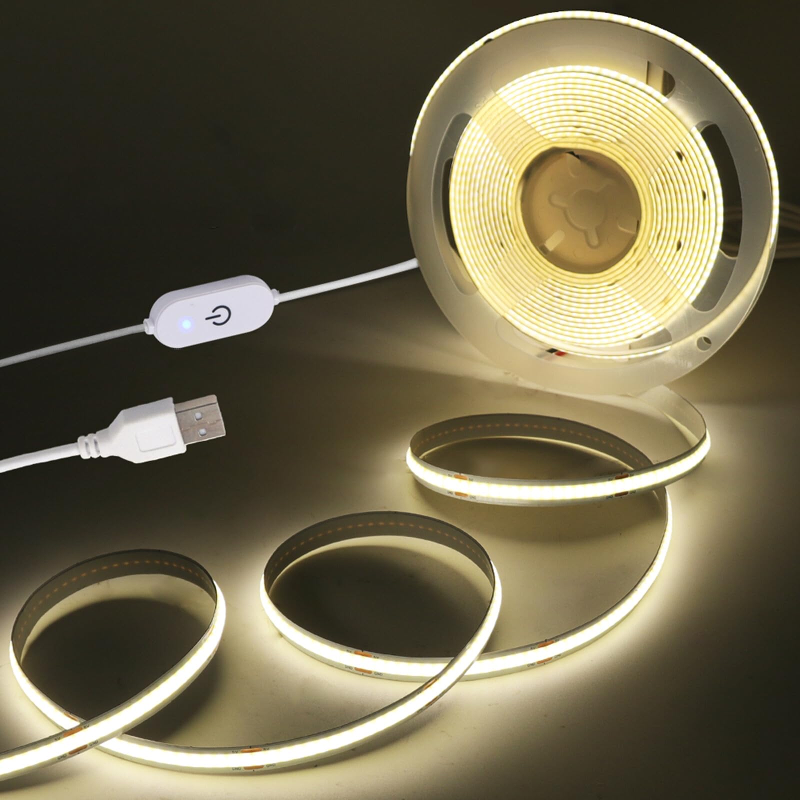 KAFULA 5V dimmable COB LED Light Strip [4m, Natural White 4000K], USB Powered, 320 LEDs/m Flexible FCOB LED Fairy Light CRI90+, can be Cut Every 5cm, Home Decoration - Power Supply not Included