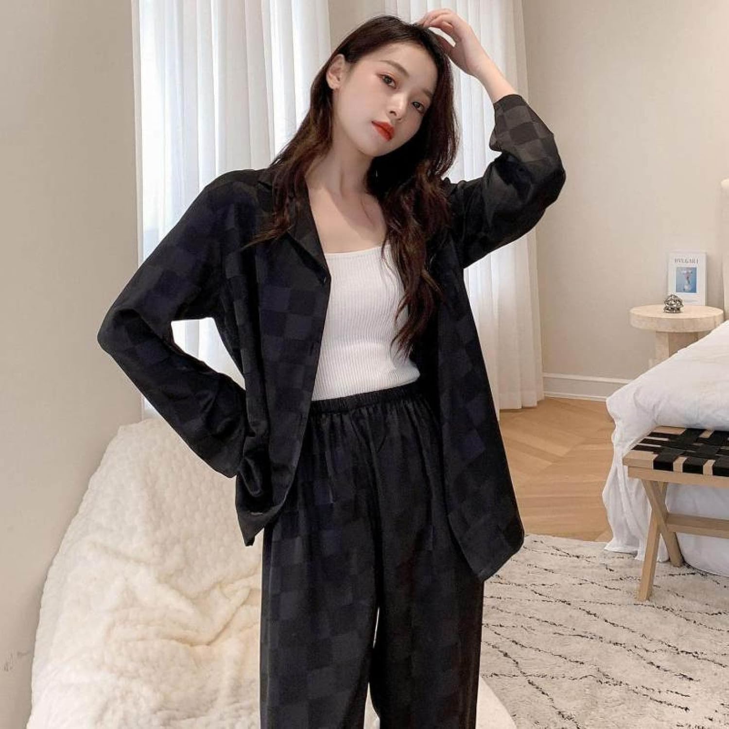 Women'S Jacquard Plaid Pajamas Set - Satin Lingerie Lounge Wear Casual Shirt+Pants Home Clothes Loose 2 Pieces Suit Summer V-Neck Long Sleeve Sleepwear Soft Jogging Homewear For Adults Outfits Suit (