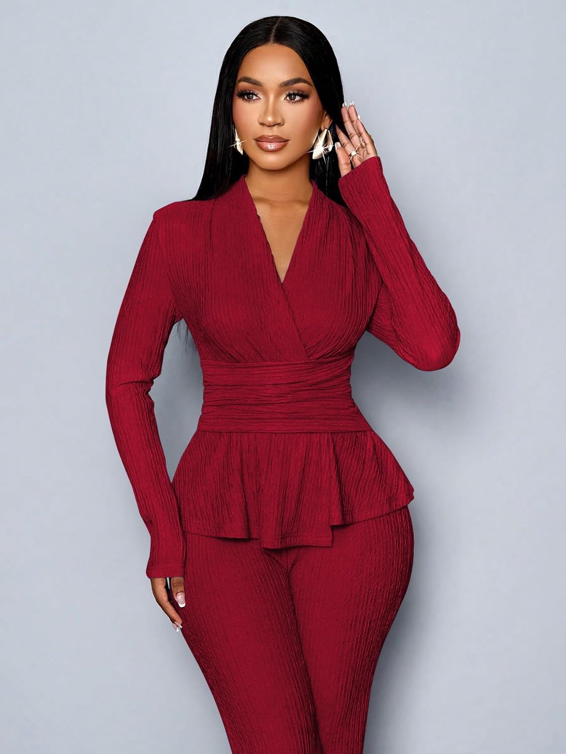 TOPSRANI Womens Bodycon Lounge Sets 2 Piece Outfits Casual Sweatsuits Tracksuit V-Neck Long Sleeve Cute Pants Sets - Image 6