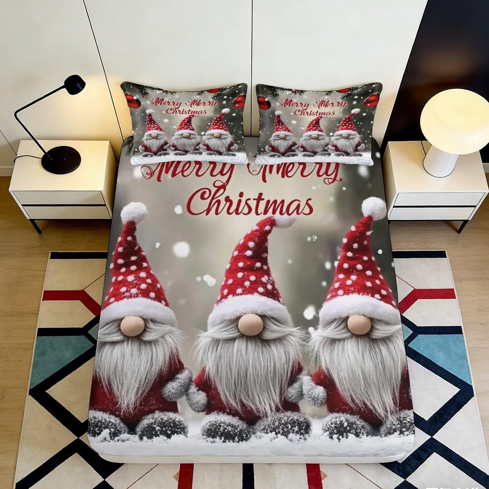 3D Printed Christmas Gnome Fitted Sheet Microfiber Soft Breathable Holiday Bed Cover with Snow Scene for Bedroom Dormitory Guest Room 120x200x25cm