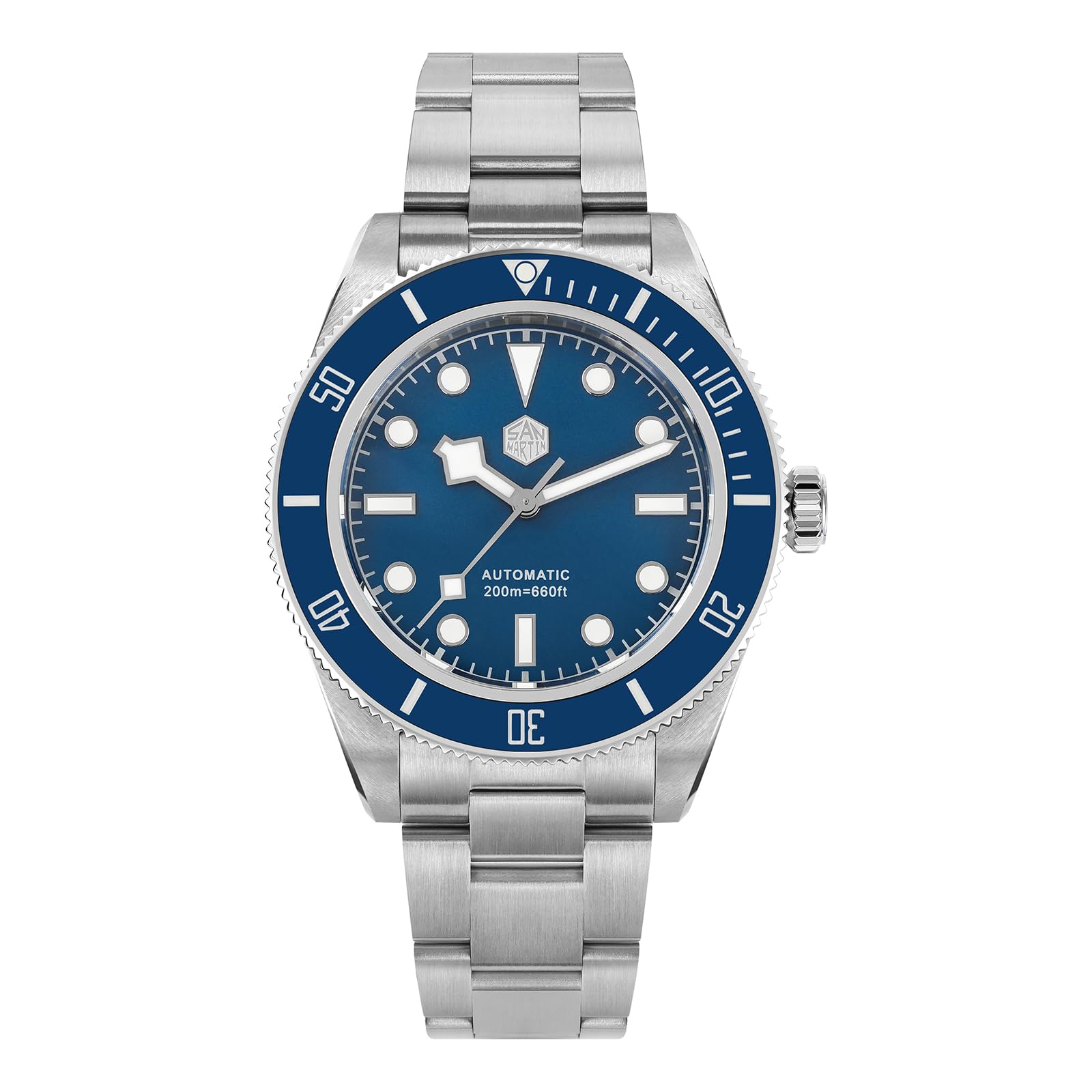 San Martin Men's Watch SN008GC BB58, 40mm Diving Watch NH35 Automatic Mechanical Watches, Luxury Diving Watch 20 Bar Waterproof Watch for Men Elastic band - blue dial