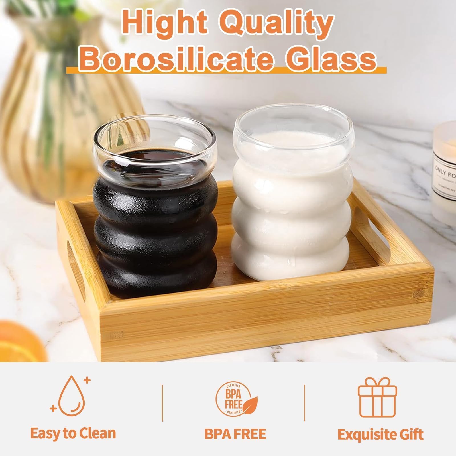 350ml Bicchieri Della Bolla con la Paglia,Set di bicchieri a Coste 4pcs,bicchieri Dell'Onda Tumbler di Vetro,Bicchieri Dell'Acqua per Il Latte Macchiato Caffè Freddo Whisky Cocktail Caffè Soda (B)
