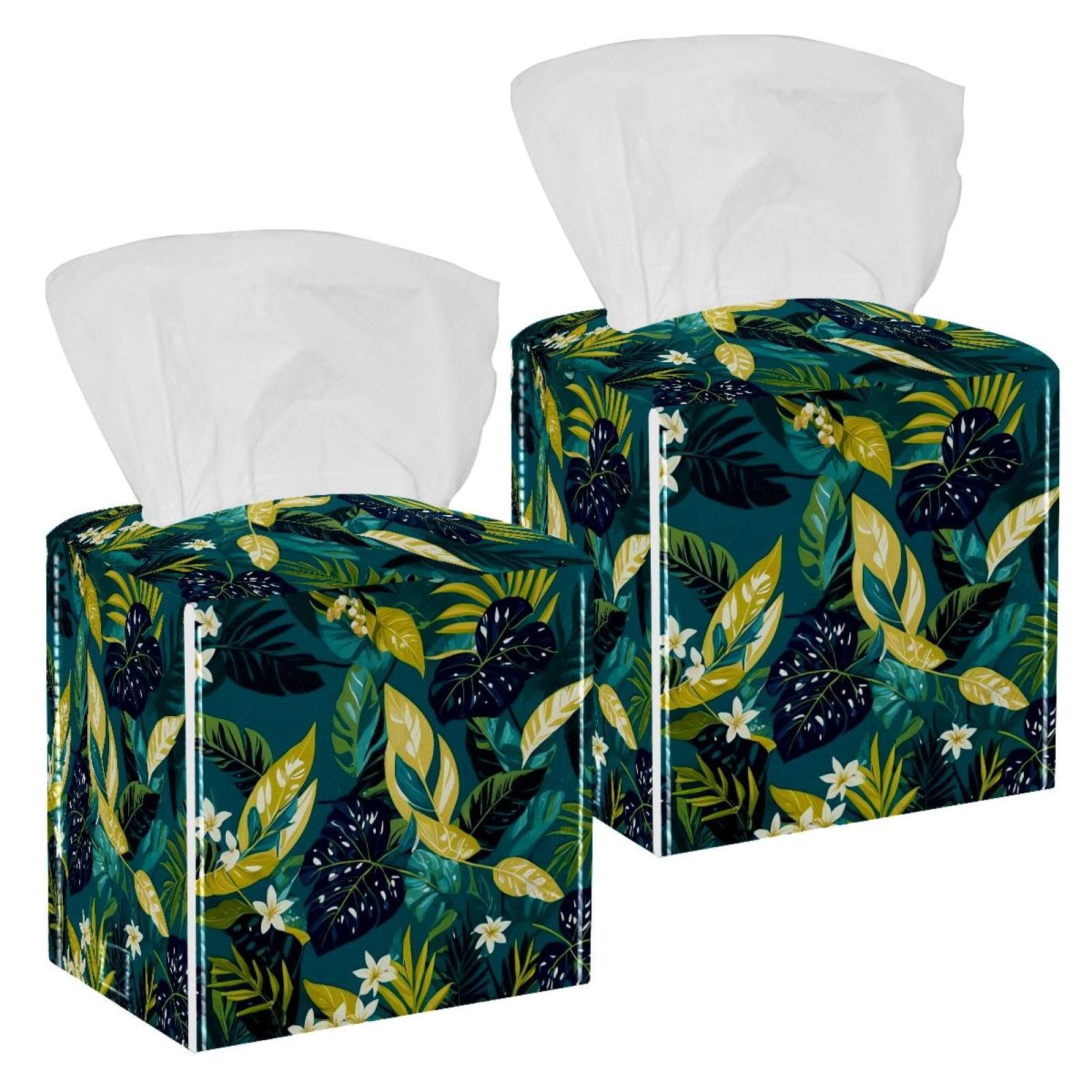 Artistic Leaves Tissue Box Cover, 2 Pack PU Leather Square Facial Tissue Dispenser Box holder for Home Office Car