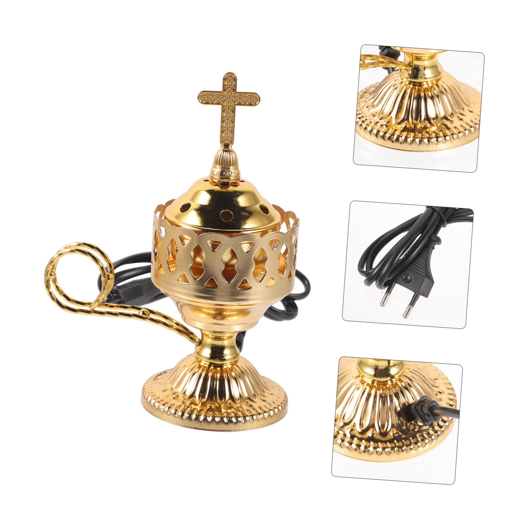 Garneck Quemador de Incienso Eléctrico Enchufe EU 220v de Hierro Dorado Elegante y Duradero Estilo Medio Oriente para Ambiente del Hogar Adecuado para Fiestas