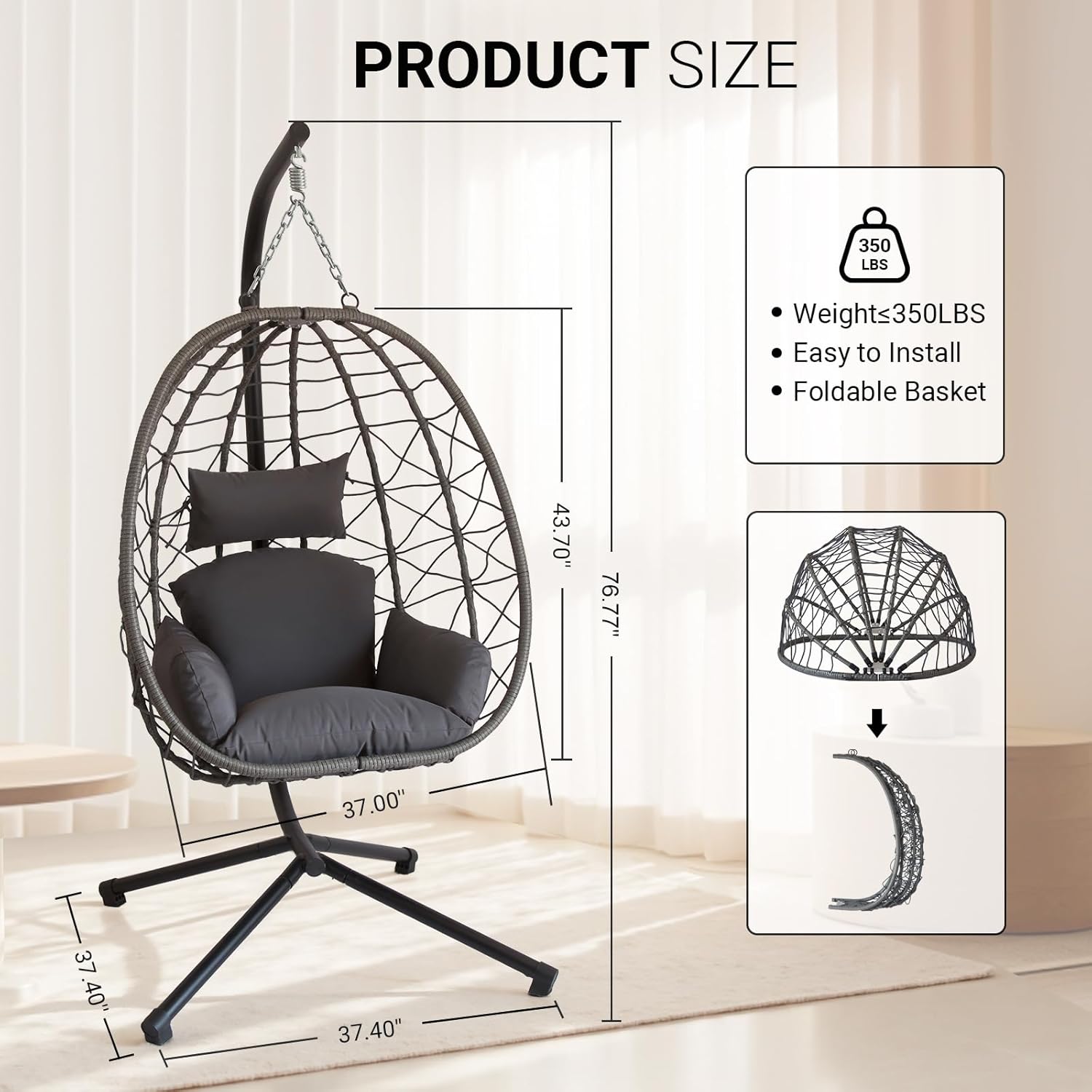JOINFUN Egg Chair with Stand, Patio Wicker Hanging Swing Egg Chair Thickened, Galvanized Pipe Steel Frame and UV Resistant Cushion for Bedroom Garden Indoor Outdoor, 350LBS Capacity (Drak Grey)