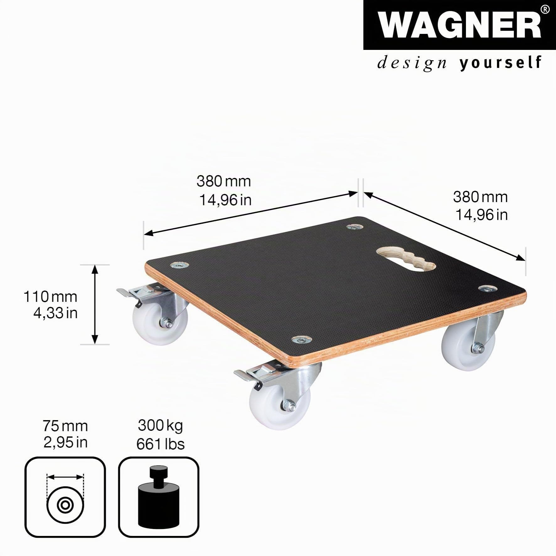 Wagner Carro de Transporte para Plantas Maxigrip 38 x 38 x 11 cm I para Exterior+Interior I Madera contrachapada FSC® I 2 Frenos totales I Capacidad de Carga 250 kg I Fabricado en Alemania - 20133801