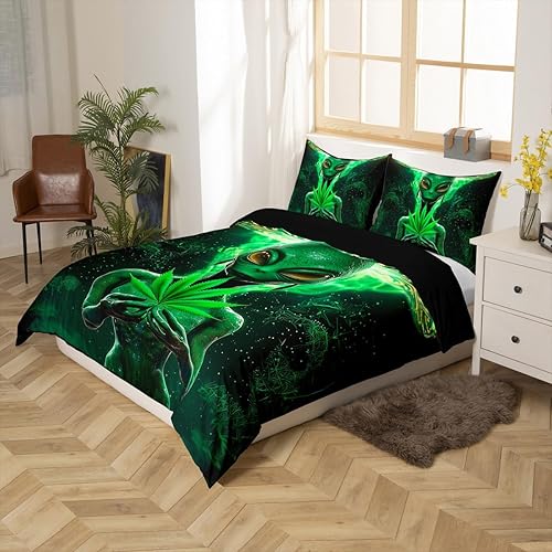 Miniatura 2 de Erosebridal Trippy Alien - Juego de ropa de cama individual, funda de edredón de marihuana verde, funda de edredón moderna psicodélico, funda de