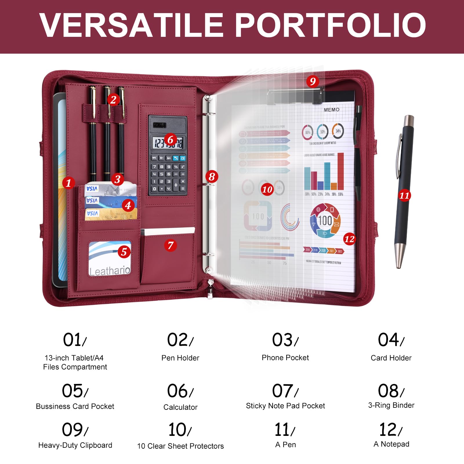 Leathario Carpeta de cartera con asa, carpeta con cremallera y carpeta de 3 anillas, incluye 1 bolígrafo y 10 divisores, piel sintética vegana, se adapta a tabletas de 13 pulgadas, calculadora solar