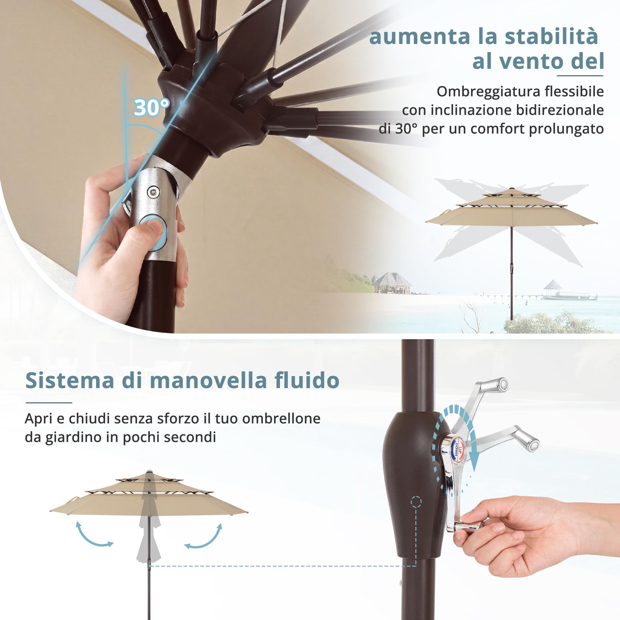 LUE BONA Ombrellone da Giardino 300 cm a 3 Livelli, Parasole Esterno con Inclinazione Regolabile e 8 Stecche in Vetroresina per Patio Piscina Terrazzo Mare