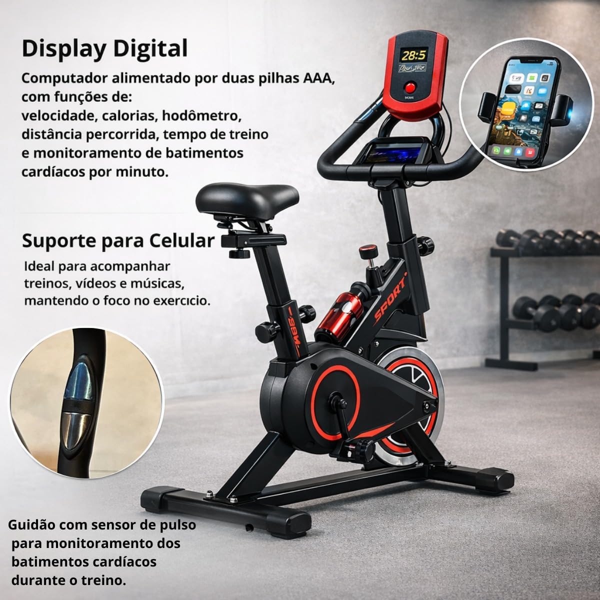 O fundo apresenta um ambiente de academia, com pesos e equipamentos de treino visíveis. O fundo apresenta um ambiente de academia, com pesos e equipamentos de treino visíveis.