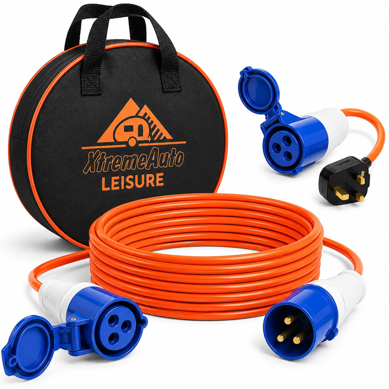 Xtremeauto 10M Caravan Electric Hook Up Cable Set - 16A 240V Camping Extension Lead with 16A to 13A Adapter &amp; Water Resistant Storage Bag, IP44 for Caravan, Motorhome &amp; Campervan