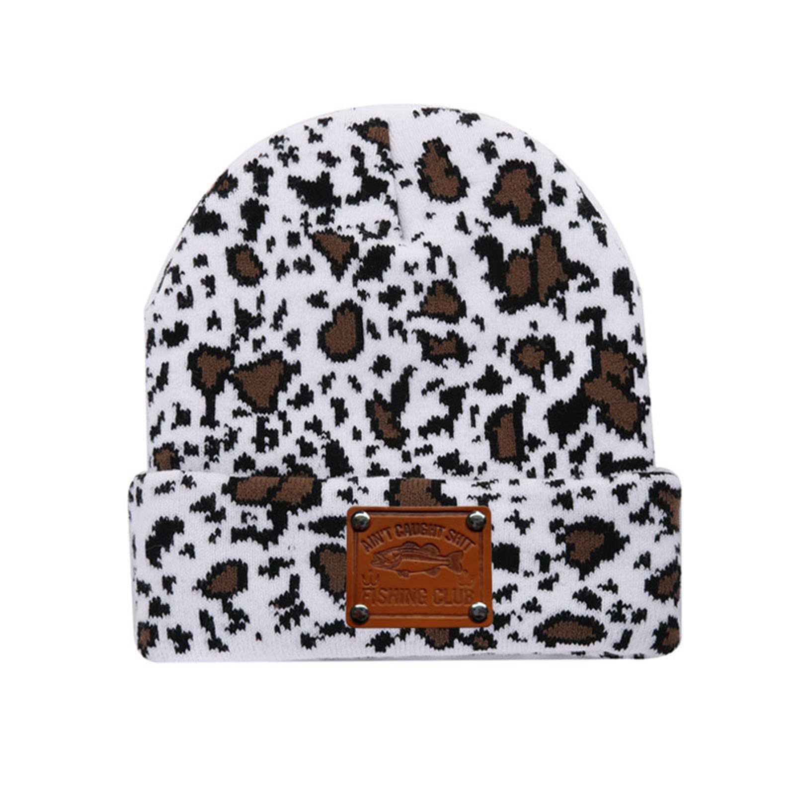 Mens Winter Skullies Beanie with Leather Label Gone Fishing Cuff Knit Hat Cold Weather Warm Cap Outdoor Slotty Cap