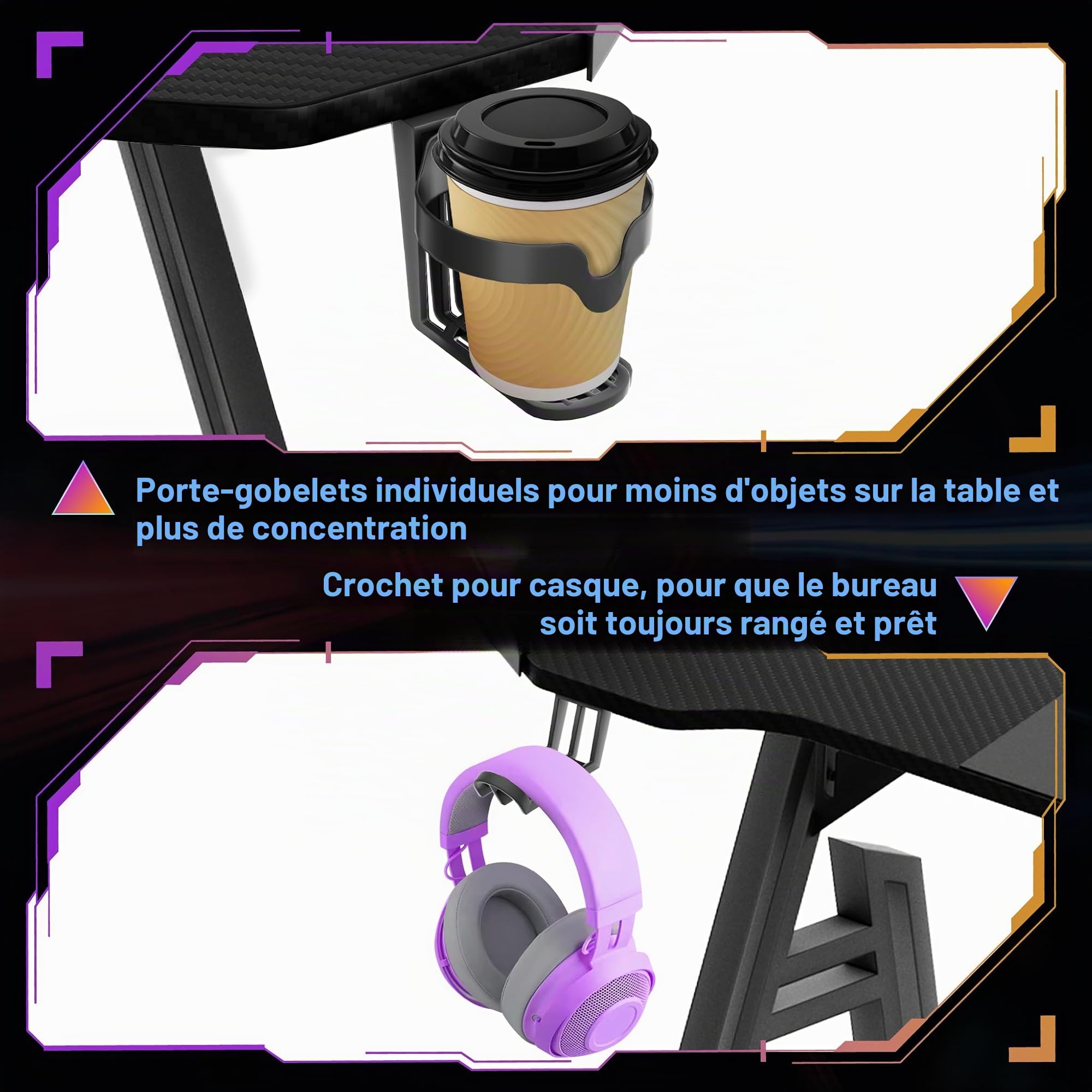 UISEBRT Bureau de gaming 140 x 60 cm, surface en fibre de carbone, en forme de A, avec lumière LED RVB, bureau d'angle ergonomique avec crochet pour casque et porte-gobelet