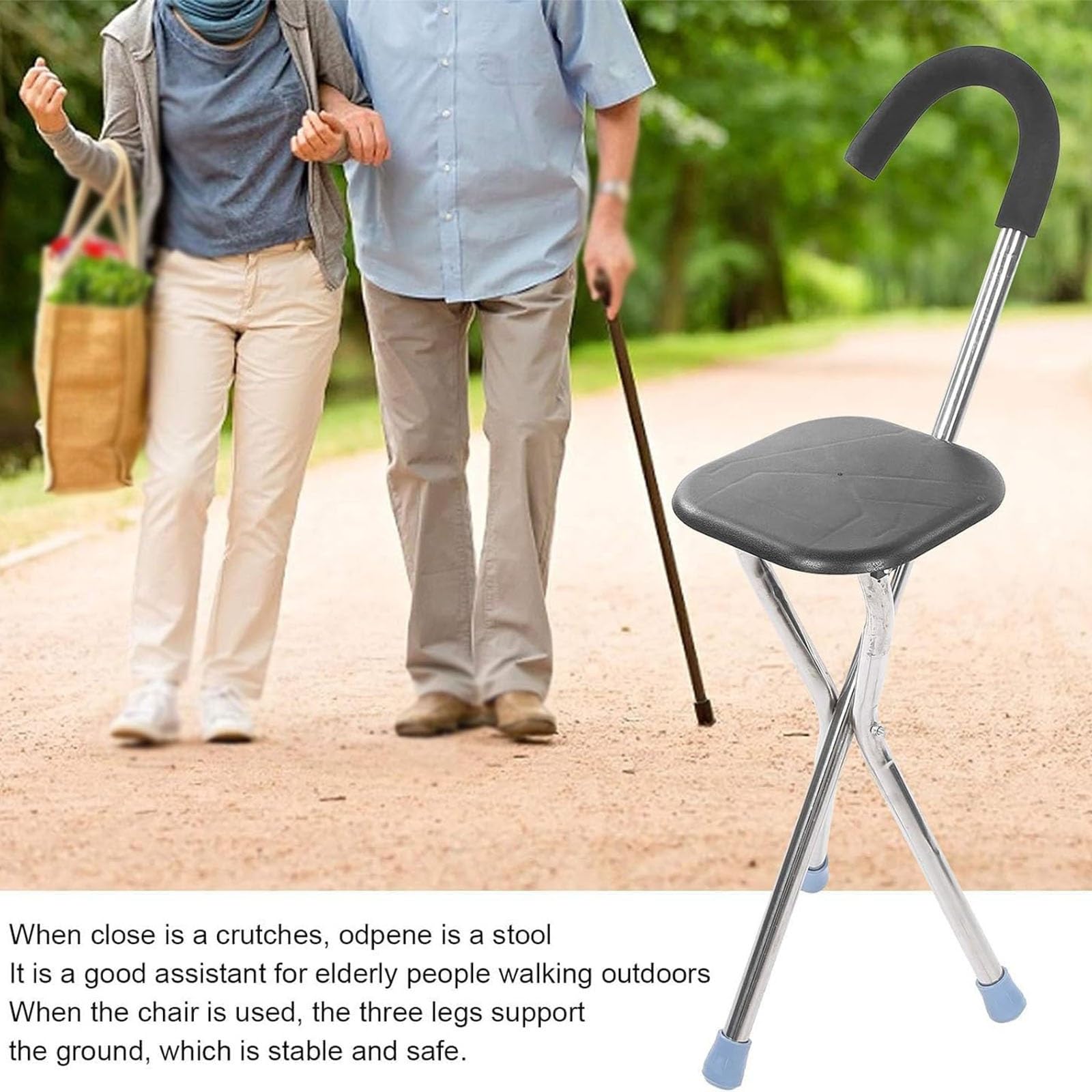 Bastón Trípode para Caminar Bastones Taburete Bastón Ortopédico Mango Ergonómico Silla con Muletas Plegable para Viajes para Ancianos y Discapacitados