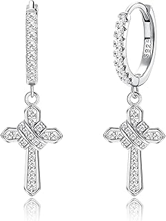 Cross Earrings for Women Men 925 Sterling Silver Dainty CZ Huggie Hoop Earrings Hypoallergenic Hoop Cross Dangle Earrings Lightweight Huggie Hinged Earrings 18K Gold/Silver