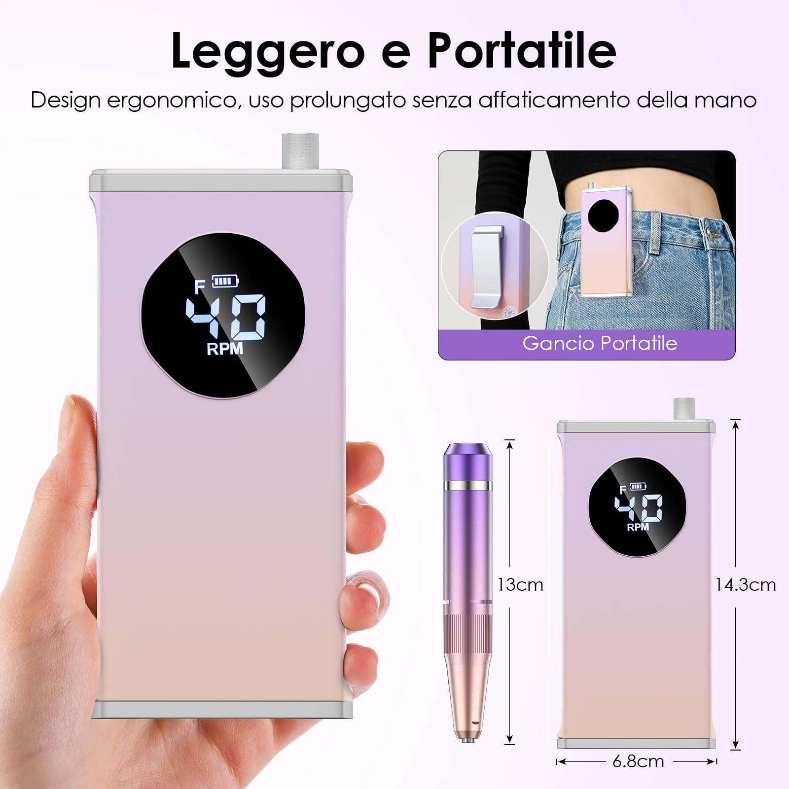 HOMEASY Fresa Elettrica per Unghie Professionale Set Portatile Multifunzione con 16 Testine in Metallo e Ceramica Ricaricabile Display LCD Intelligente per Manicure e Pedicure Viola Rosa