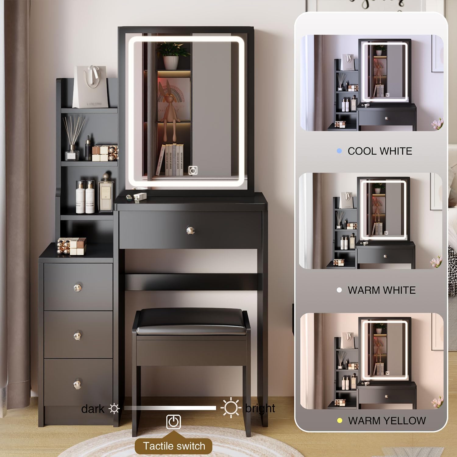 Vanity Desk with Sliding Mirro and 3 Adjustable Lighting Modes, Small Set Chair, 4 Drawers, Storage Shelf, Bedroom Makeup Dressing Table,Black (Black)