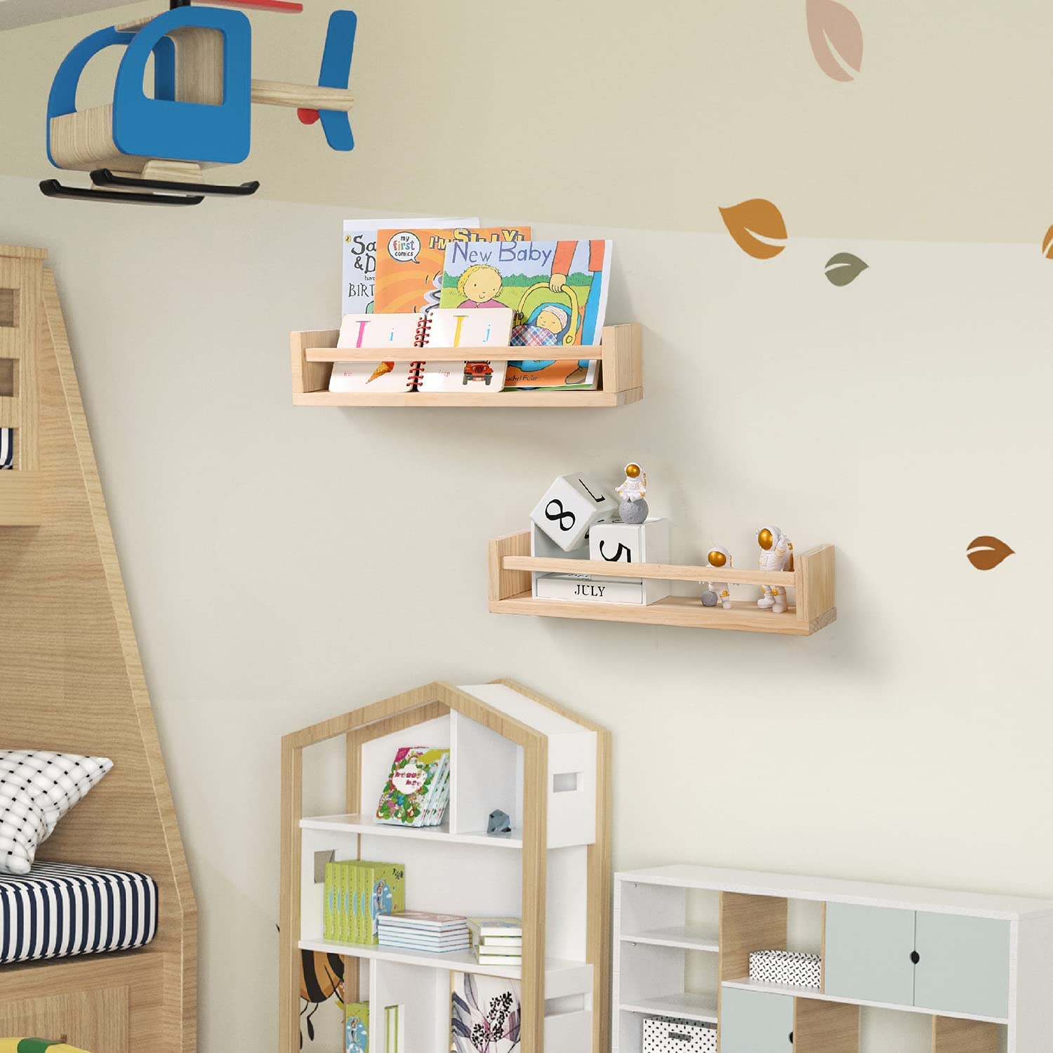 Kinderzimmer Bücherregal- Satz von 2 Baby schwimmende Bücherregal oder Buch Regal Veranstalter für Kinder Kinderzimmer Dekor, Wandregale für Küche Gewürzregal, Kiefer Naturholz (Natur) (42.5)