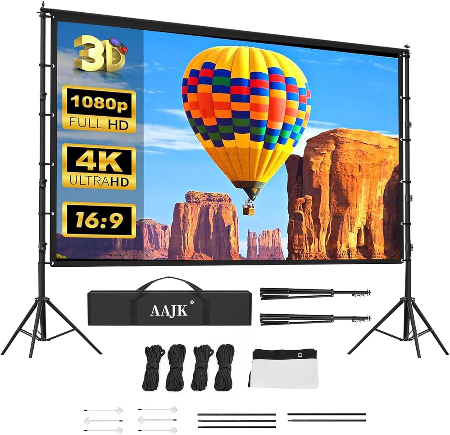 AAJK 150in Projector Screen with Stand,Portable 16:9 4K HD Indoor Outdoor Projection Screen with Wrinkle-Free Design, Ideal for Home Theater and Backyard Cinema – Includes Carry Bag 150 inch-pro